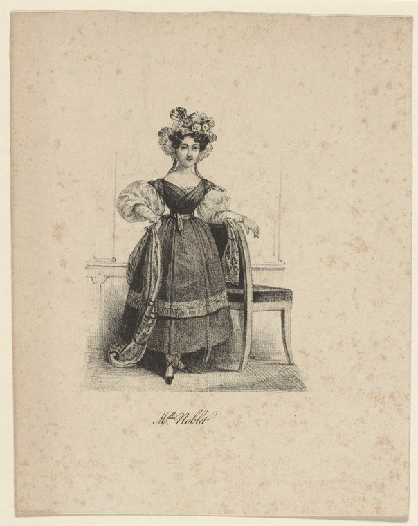 A woman in Regency dress with puffed sleeves and ornamental headdress stands beside a chair in an engraving labeled Melle. Noblet.