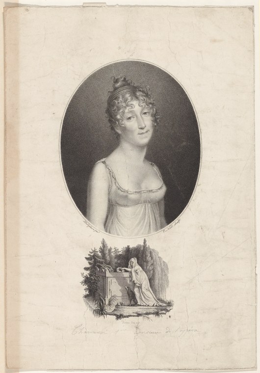 Engraved portrait of a young woman in classical white muslin dress within an oval frame, with a classical allegorical figure below