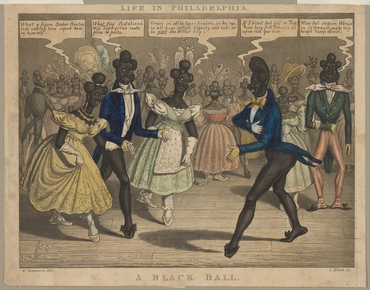 A hand-colored engraving of a crowded ballroom with a Black man and white woman dancing closely at center, surrounded by onlookers.