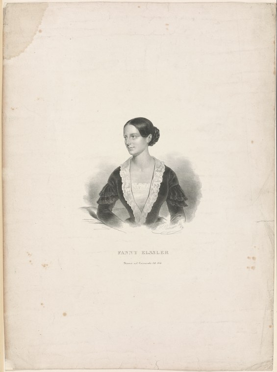 Engraved portrait of Fanny Elssler, a woman with dark hair in a low-necked dark dress, gazing to the right.
