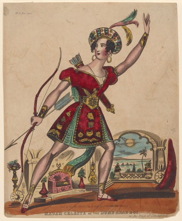 Hand-colored engraving of a woman in ornate red dress with feathered headdress and raised arm, holding a bow, labeled as Madame Celeste in The Siege of