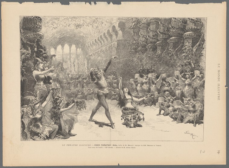Engraving of a theatrical scene with a nearly nude male dancer in an acrobatic pose surrounded by costumed performers and spectators in a classical colonnade.