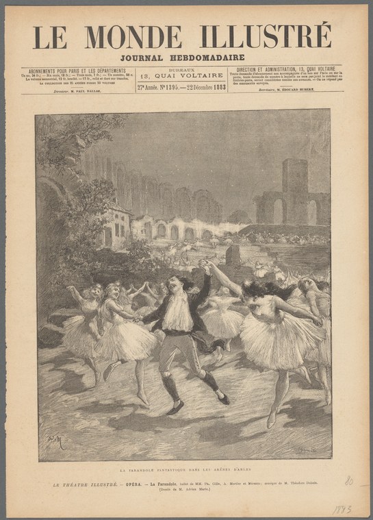 Wood engraving of female dancers in pale tutus performing against Roman ruins; from Le Monde Illustré, 1883.