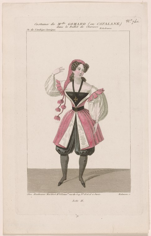 Hand-coloured engraving of a woman in theatrical Catalan costume standing in a refined pose against a plain background.