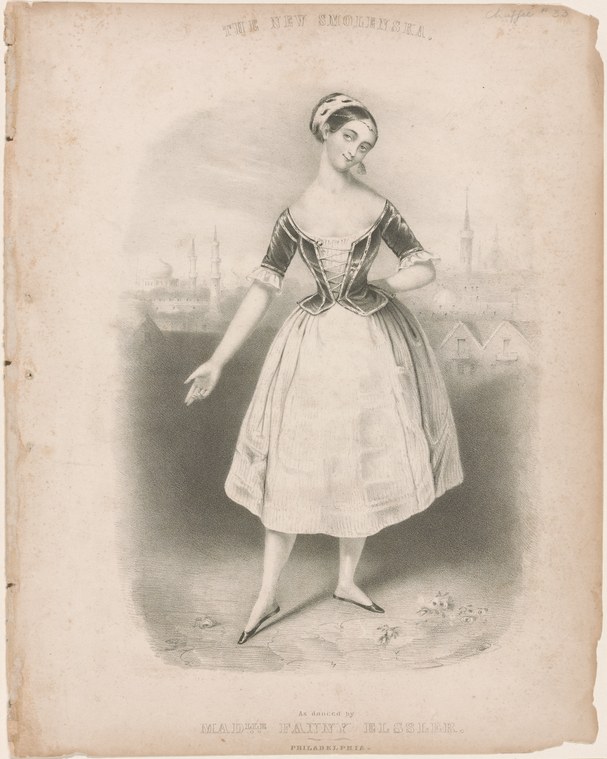 A woman in a dark bodice and white skirt stands in an upright pose, gazing downward, with a cityscape faintly visible behind her.