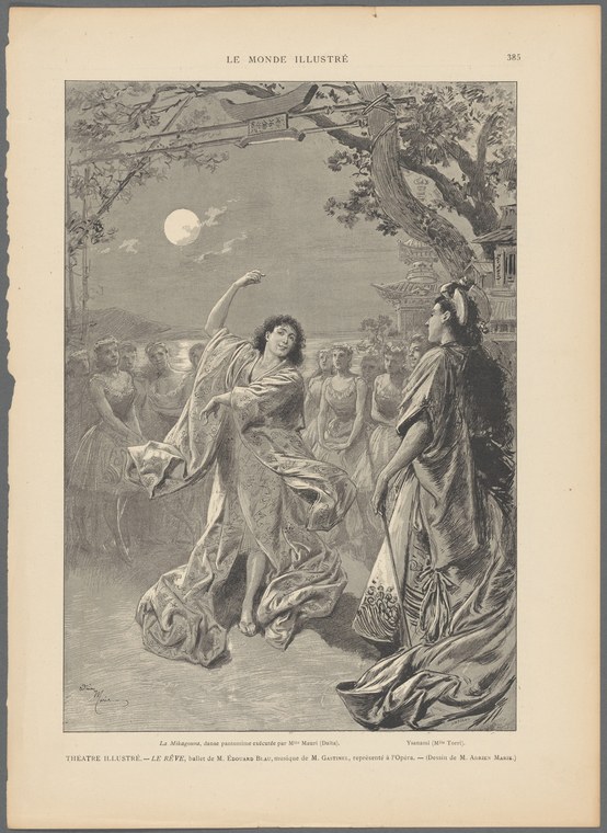 Moonlit garden scene with a central woman in classical drapery arched backward with one arm raised, surrounded by observing figures.