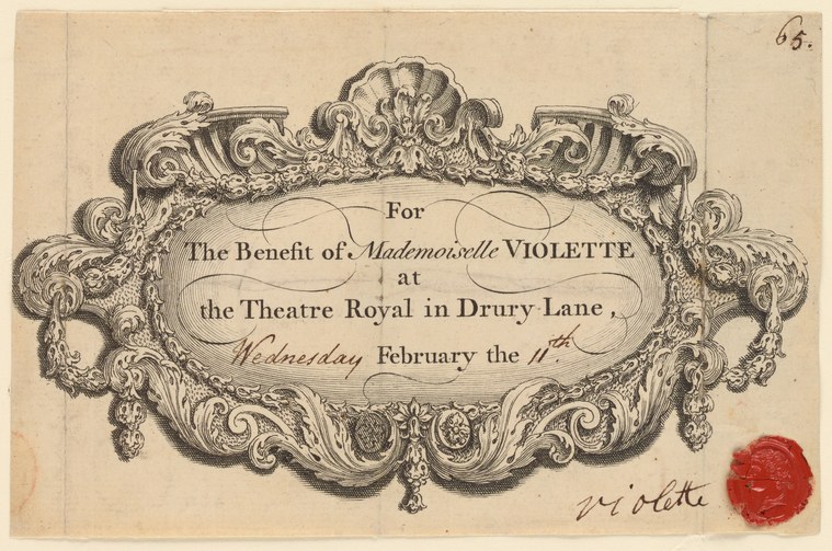 Ornate rococo cartouche engraving announcing a benefit performance by Mademoiselle Violette at Drury Lane Theatre, with hand-written date and red wax seal.