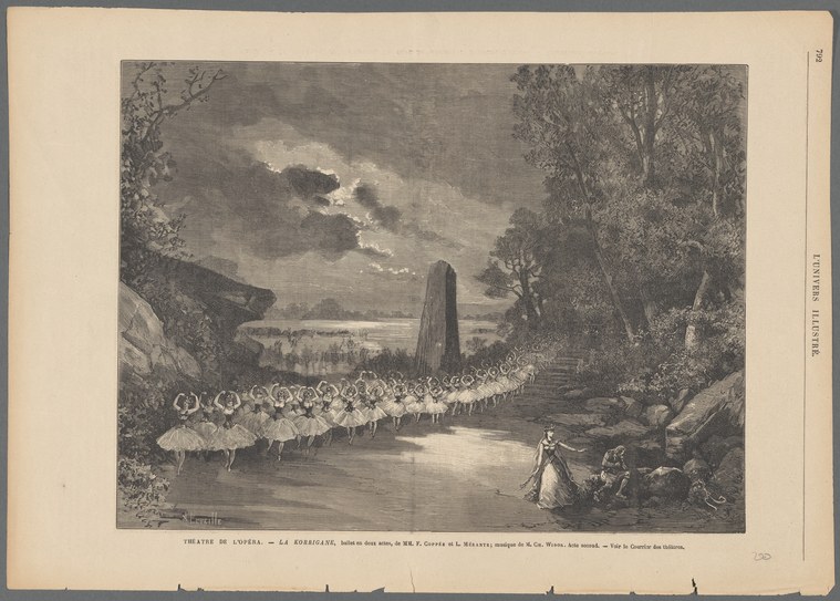 Moonlit forest with dozens of pale-tutued dancers arranged in geometric formations in and around a stream, watched by two figures in the foreground.