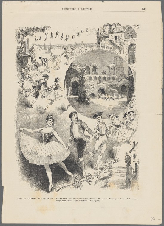 Engraving of a theatrical ballet scene with a ballerina in arabesque surrounded by costumed figures in Italian setting.