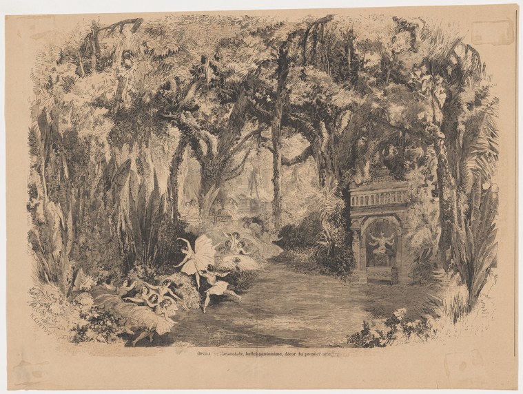 Romantic-era engraving of a forest glade with classical pavilion and ethereal dancers in flowing garments moving beside a moonlit pool.