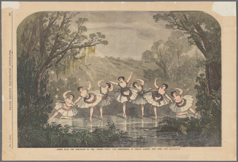 Eight female ballet dancers in white tulle skirts perform on a moonlit stage set with trees, water, and reeds, posed in graceful classical positions.