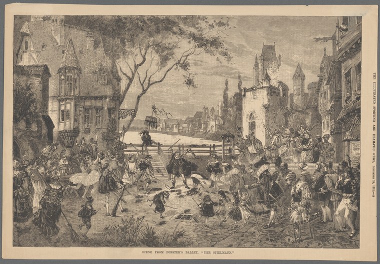 Engraving of a crowded medieval town square with performers dancing on a raised platform, surrounded by hundreds of spectators and Gothic architecture.