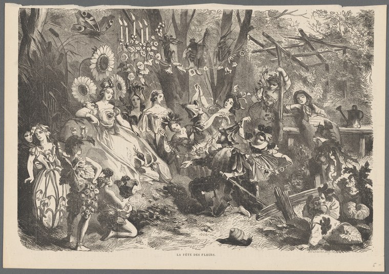 An 18th-century engraving of elegantly dressed figures dancing and socializing in a flower-filled woodland garden.