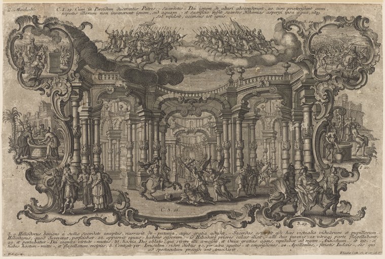 Renaissance engraving of a formal procession through a columned hall, with robed figures in the foreground and mounted soldiers in ordered ranks beyond.