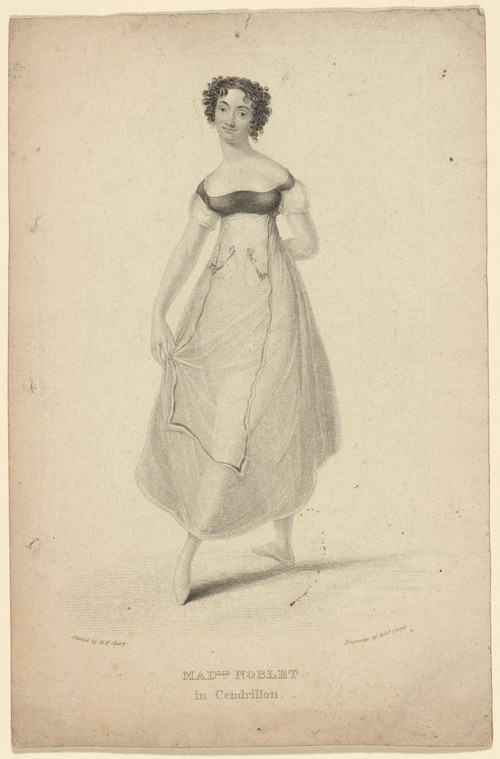 A young woman in a high-waisted white muslin gown with velvet bodice, posed in theatrical attitude with gathered skirt and extended arms.