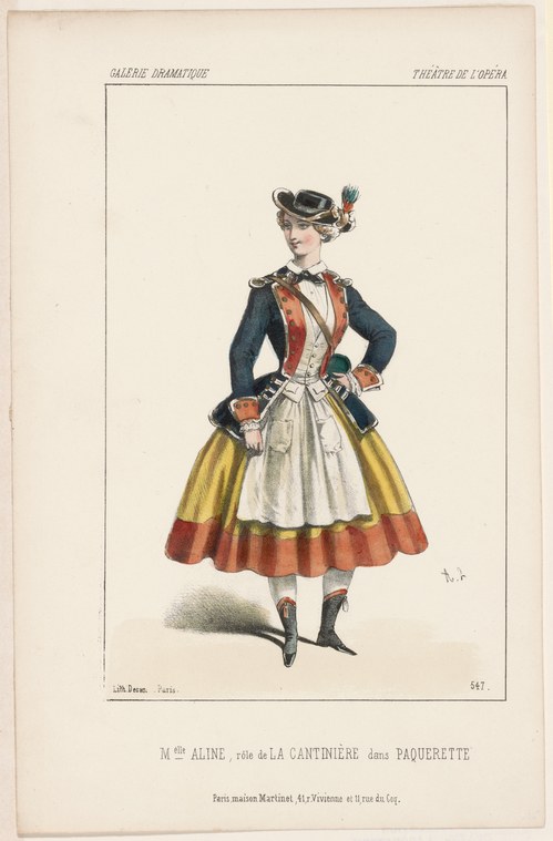 Colored lithograph of a woman in late 19th-century stage costume: dark military-style jacket with red trim and full skirt with yellow and red horizontal bands.