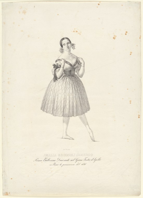 A young woman in a white ballet costume and pointe shoes stands in a classical dance pose with arms raised, facing the viewer.