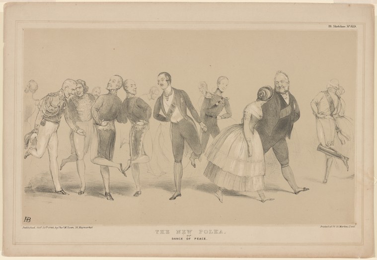 Nine figures in 19th-century dress dance in an exaggerated, contorted line; a military officer, gentlemen, and a woman in a white ruffled dress.