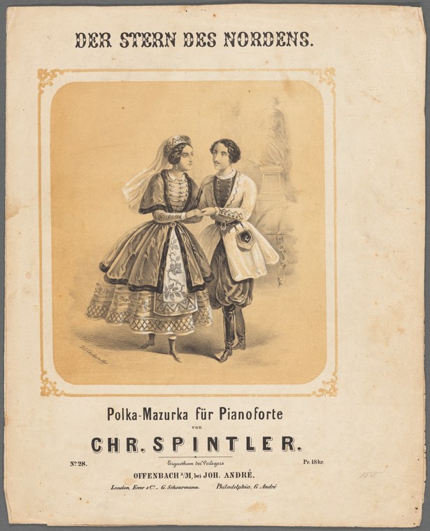 Two fashionably dressed women in a moment of social interaction; the figure on the left wears a dark dress with folk-patterned skirt; lithographed music cover.