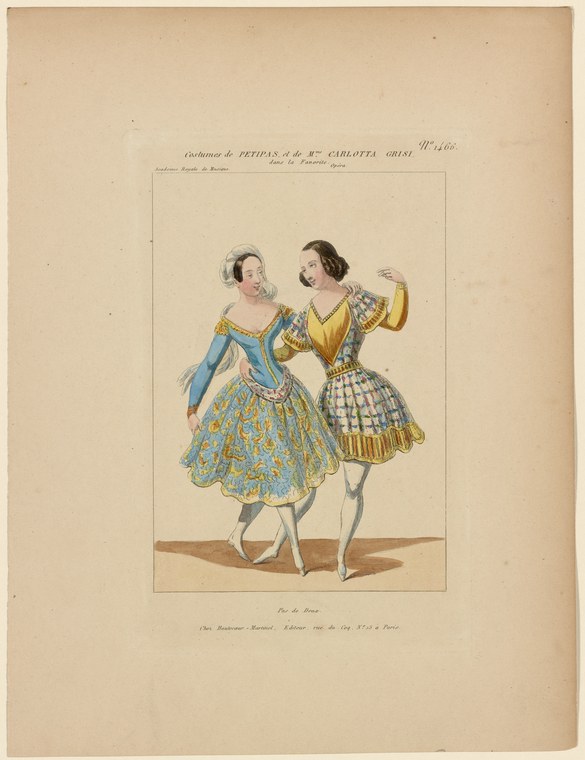 Two Romantic-era ballerinas in ornate theatrical costume pose in refined stance: one in blue embroidered silk, one in gold plaid skirt.