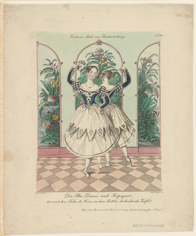 A woman in a white tulle skirt and dark bodice dances en pointe in a palace interior with botanical panels, facing the viewer in a lifted attitude.
