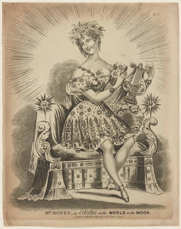 Woman in ornate theatrical dress seated in a decorative chair, holding a lyre, engraved theatrical portrait.