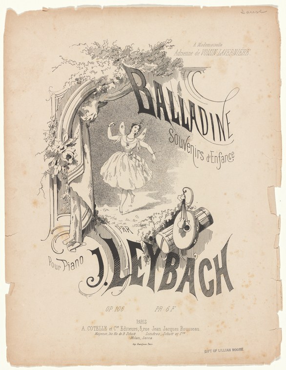 A lithographed music cover with a ballet dancer in a white tutu amid ornamental vines, with a musician playing below.