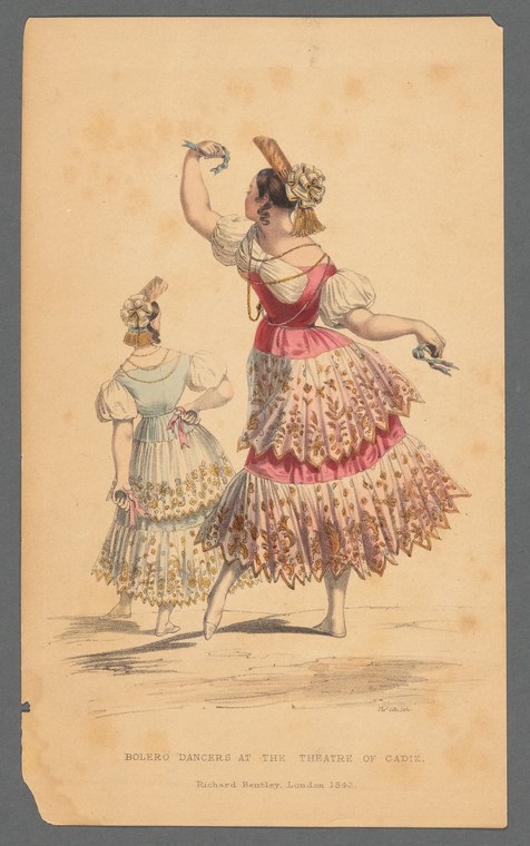 Two female dancers in ornate rose and white theatrical costume with flowered headdresses stand on a bare stage in an engraved image.