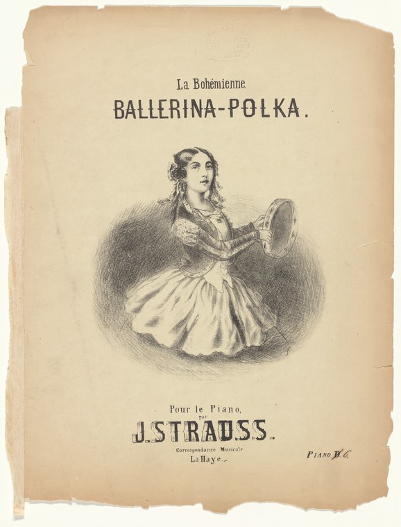 A woman in a white skirt and dark bodice spins on one leg, skirt lifting, fan extended, in an engraved music cover.