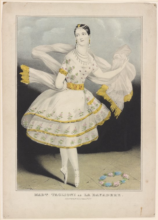 A ballerina in white muslin stands en attitude, gazing upward, with gold ornaments and floating drapery against a dark background.