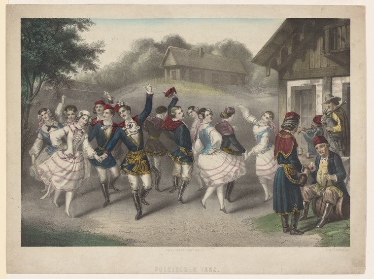 Hand-colored lithograph of couples dancing outdoors; men in military uniforms and women in full skirts with raised arms in energetic movements.