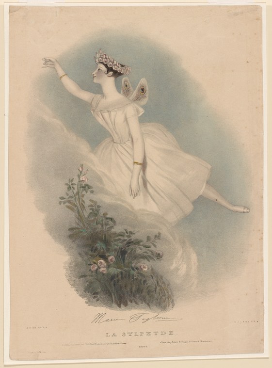 A ballerina in a white tunic floats above flowering plants, left arm raised, right leg extended, gazing upward.