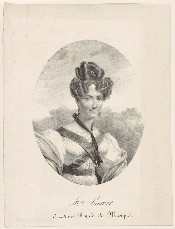 Regency-era engraving of a woman in high-waisted white gown with elaborate upswept hair, identified as Mme. Launer of the Paris Opera.