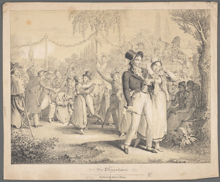 Hand-colored engraving of couples dancing in a sunlit garden at a Regency-era Whitsun ball, with spectators seated and standing at the margins.