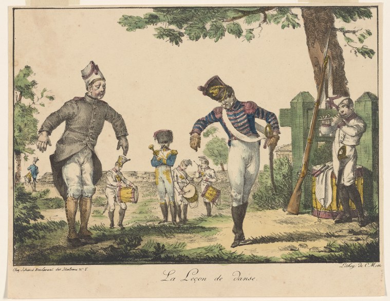 Hand-colored engraving of a dance lesson in a garden: a uniformed instructor bends toward a young boy in blue, while other children and a woman in white