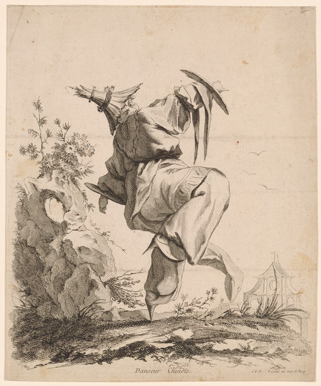 An engraved figure of a Chinese dancer in long robes and billowing sleeves, body twisted and arms raised, holding a curved implement, in a sparse landscape.