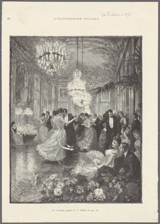 Couples in formal evening dress perform a waltz in a grand ballroom lit by chandeliers, held in the closed ballroom position.