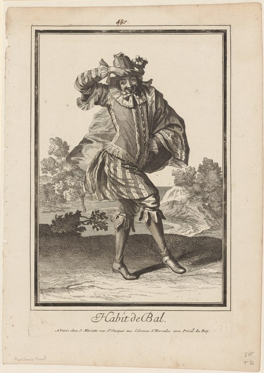 An engraved figure in elaborate baroque court dress, posed with weight on one leg and arms gesturing expressively, against a sparse landscape background.