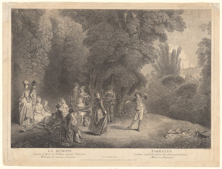 Engraving of aristocratic figures reclining and conversing in a wooded garden while a bagpiper plays.