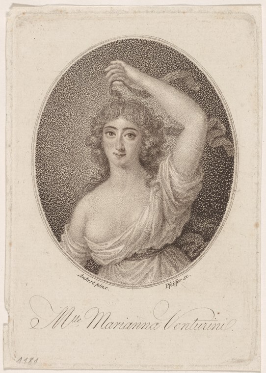 Engraved portrait of a bare-shouldered young woman with her right arm raised to her hair, shown within an oval frame, inscribed below.