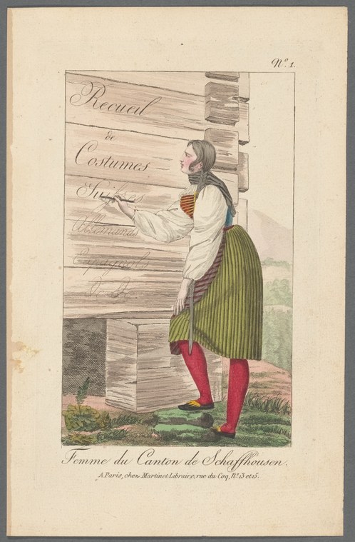 Woman in traditional Schaffhausen folk costume holding documents labeled with Swiss costume collection title.
