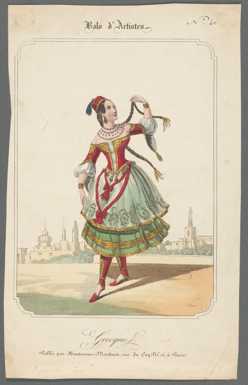 Woman in red silk dress and red shoes holds a small bird aloft, standing in classical pose against a city skyline.