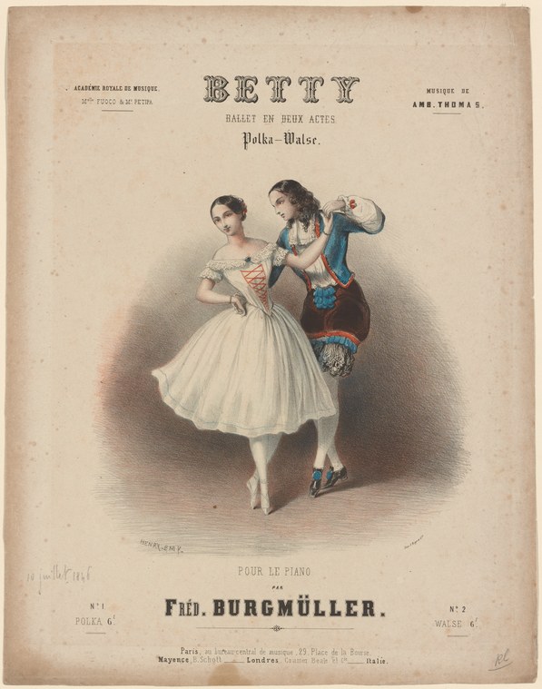 Lithographic print of a woman in a white tutu en pointe supported by a male dancer in a blue embroidered jacket, from a Romantic ballet score.
