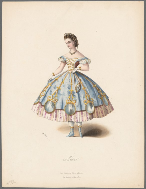 A woman in an elaborate 1840s ball gown stands in a composed pose, her right arm raised, admiring herself like a mirror.
