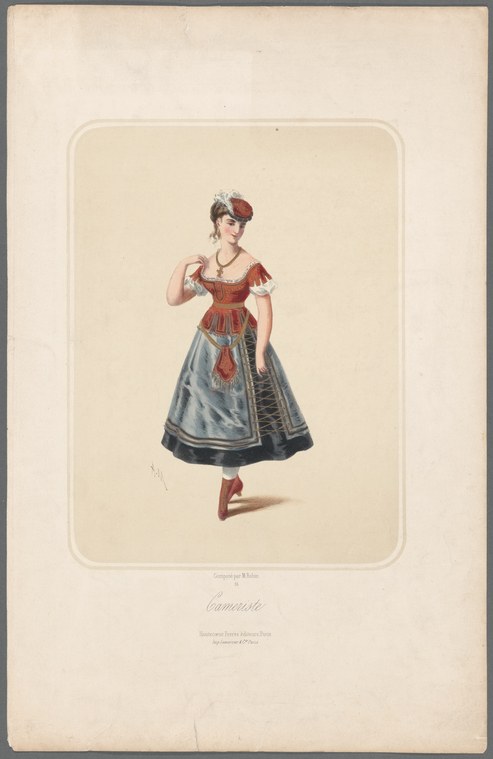 Hand-coloured engraving of a young woman in red bodice and blue-grey skirt, posed with raised arm in a gesture of animation, against a cream ground.