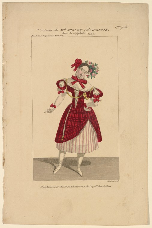 A young woman in Romantic-era ballet costume stands posed upright, wearing a crimson bodice and white pleated skirt, with flowers in her hair.