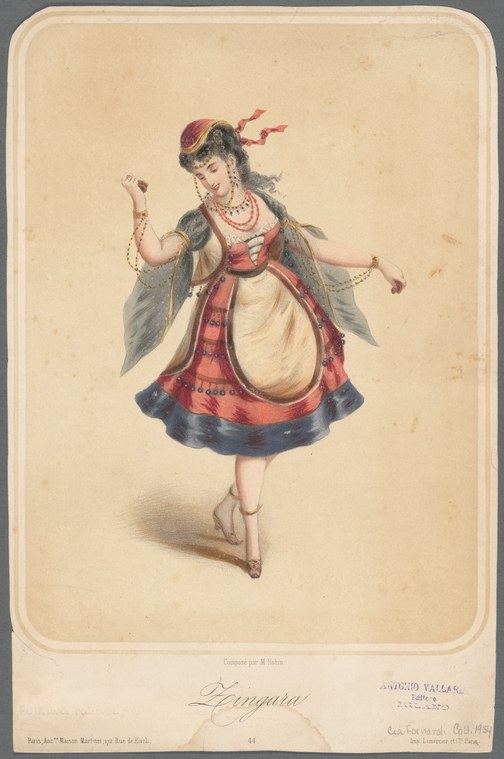 A woman in a red-and-white Romantic ballet costume stands in a dynamic turning pose, her arms raised asymmetrically, against a pale background.
