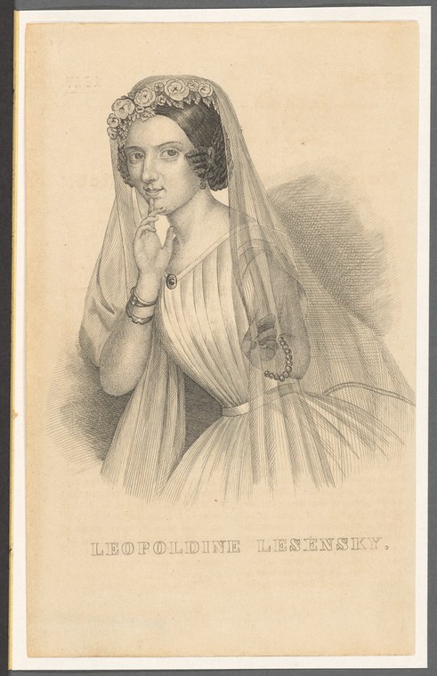 A woman in Regency-era white pleated dress and ornamental headdress, hand to her cheek in a contemplative pose, engraved portrait.