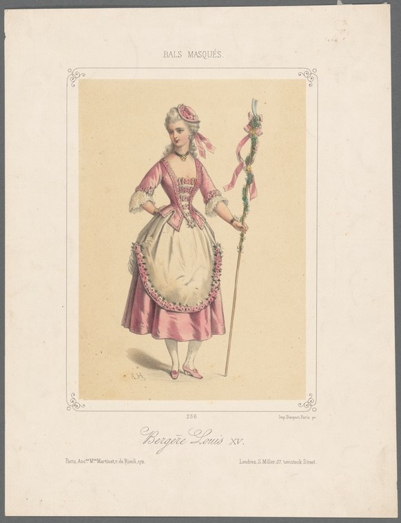 A woman in eighteenth-century pink silk dress and apron holds a staff spiraled with pink and green ribbons.