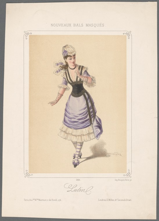 A woman in a black corset and layered lavender skirt poses in a theatrical gesture against a cream background, styled in 1880s fashion.